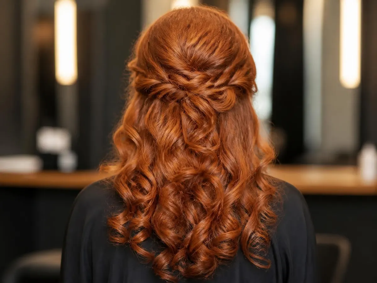 Copper red curls from behind