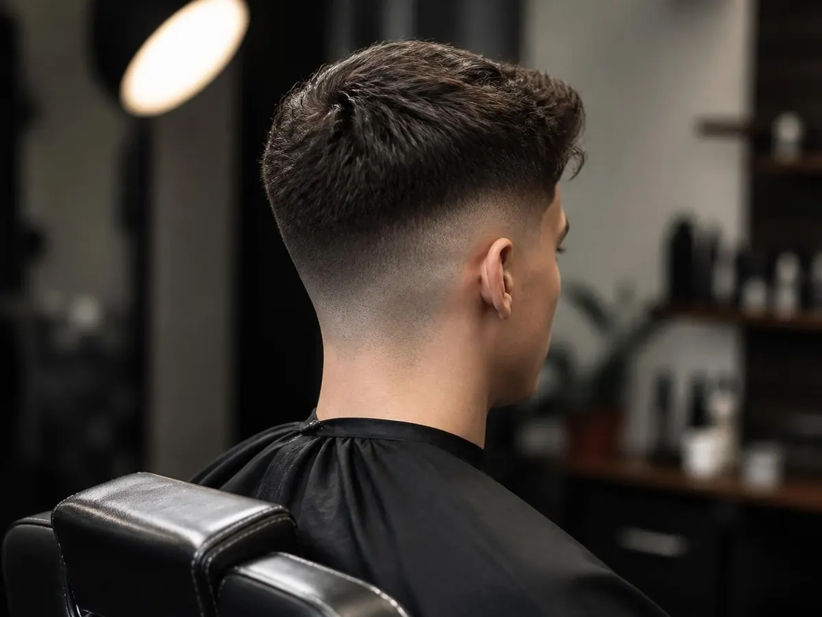 A men's skin fade with a textured top
