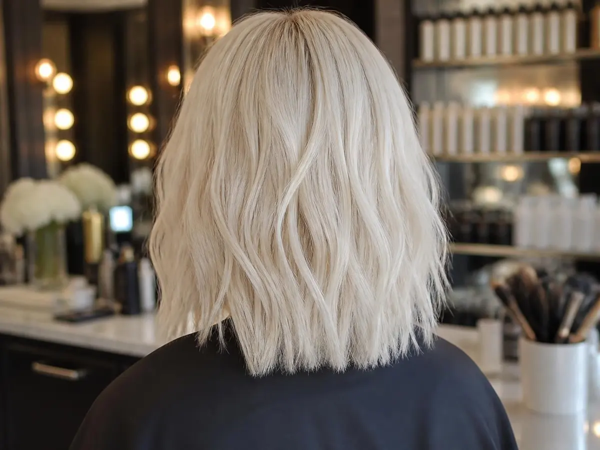 A platinum blonde long bob from behind