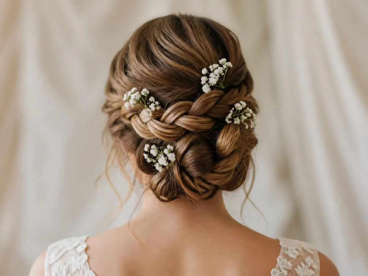 A braided bridal updo with small white flowers